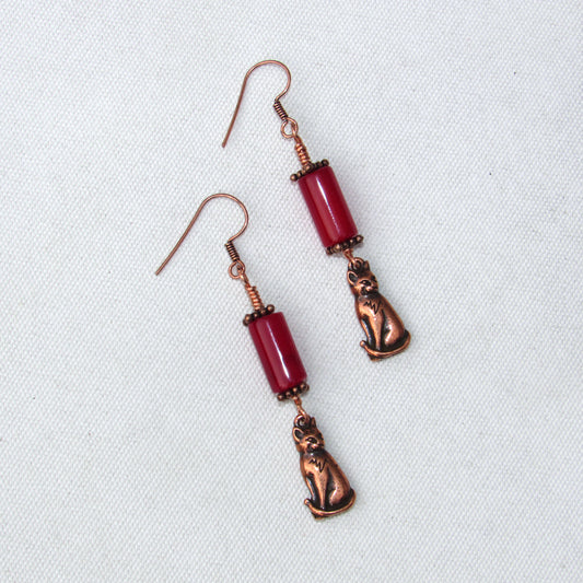 Red Agate gemstone and Copper Kitty Cat Drop Earrings