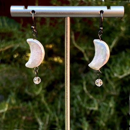 Mother of Pearl Moon and White Topaz Gemstone Drop Earrings