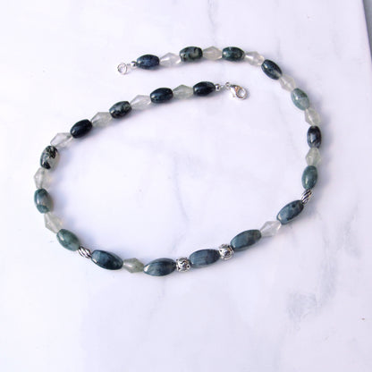 Moss Agate, Green Rutile Quartz gemstones, and Sterling Silver Yin Yang Necklace