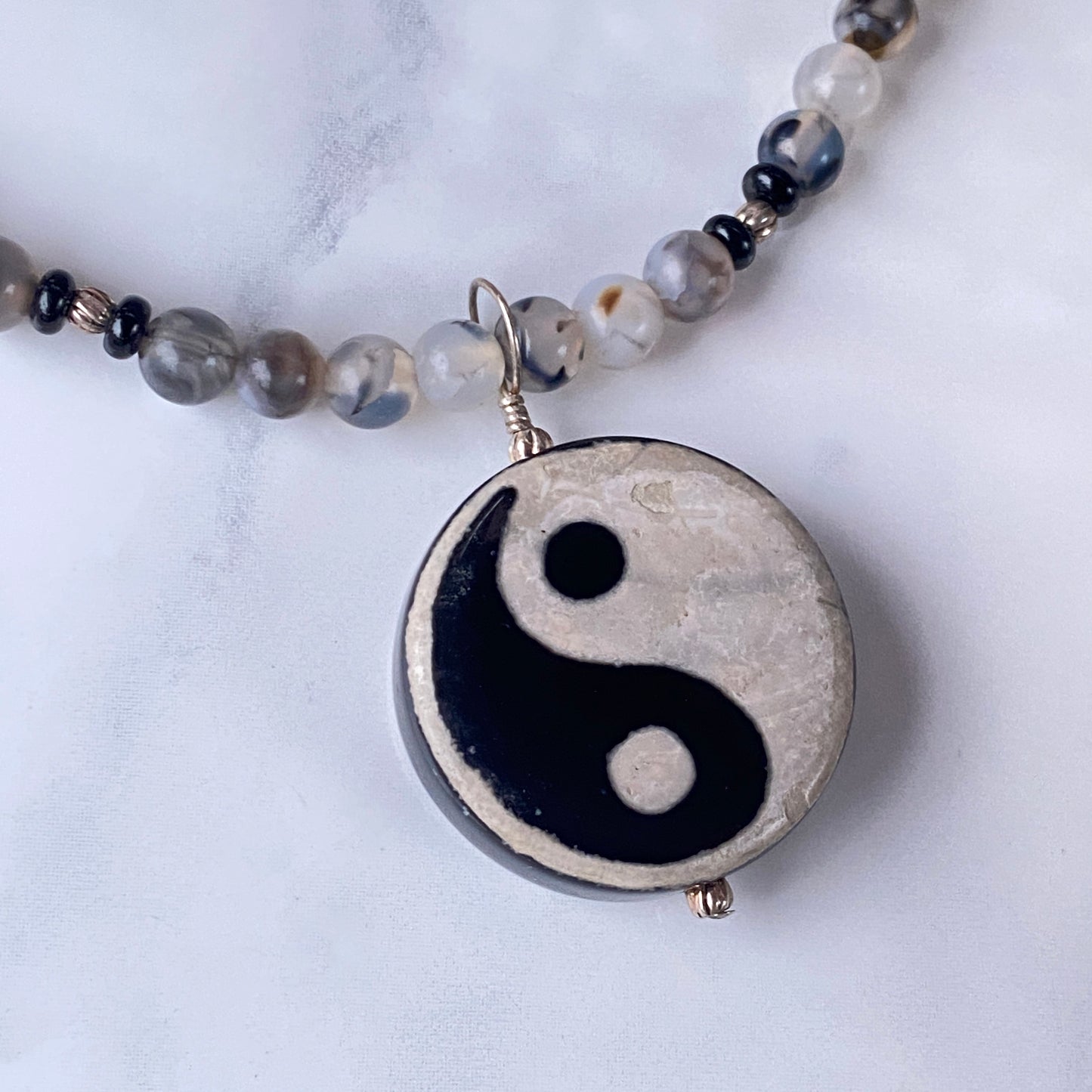 Onyx and Tibetan Agate gemstone Yin Yang Necklace