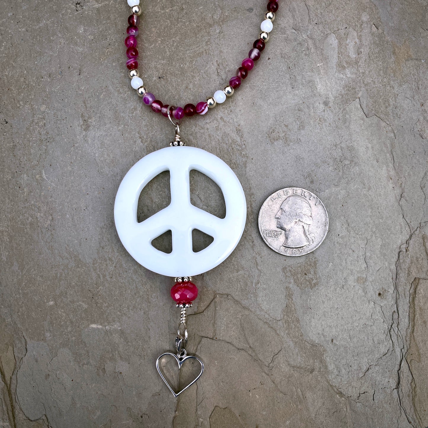 White Agate Peace Sign W/ Pink Banded Agate Sterling Silver Heart & Chalcedony