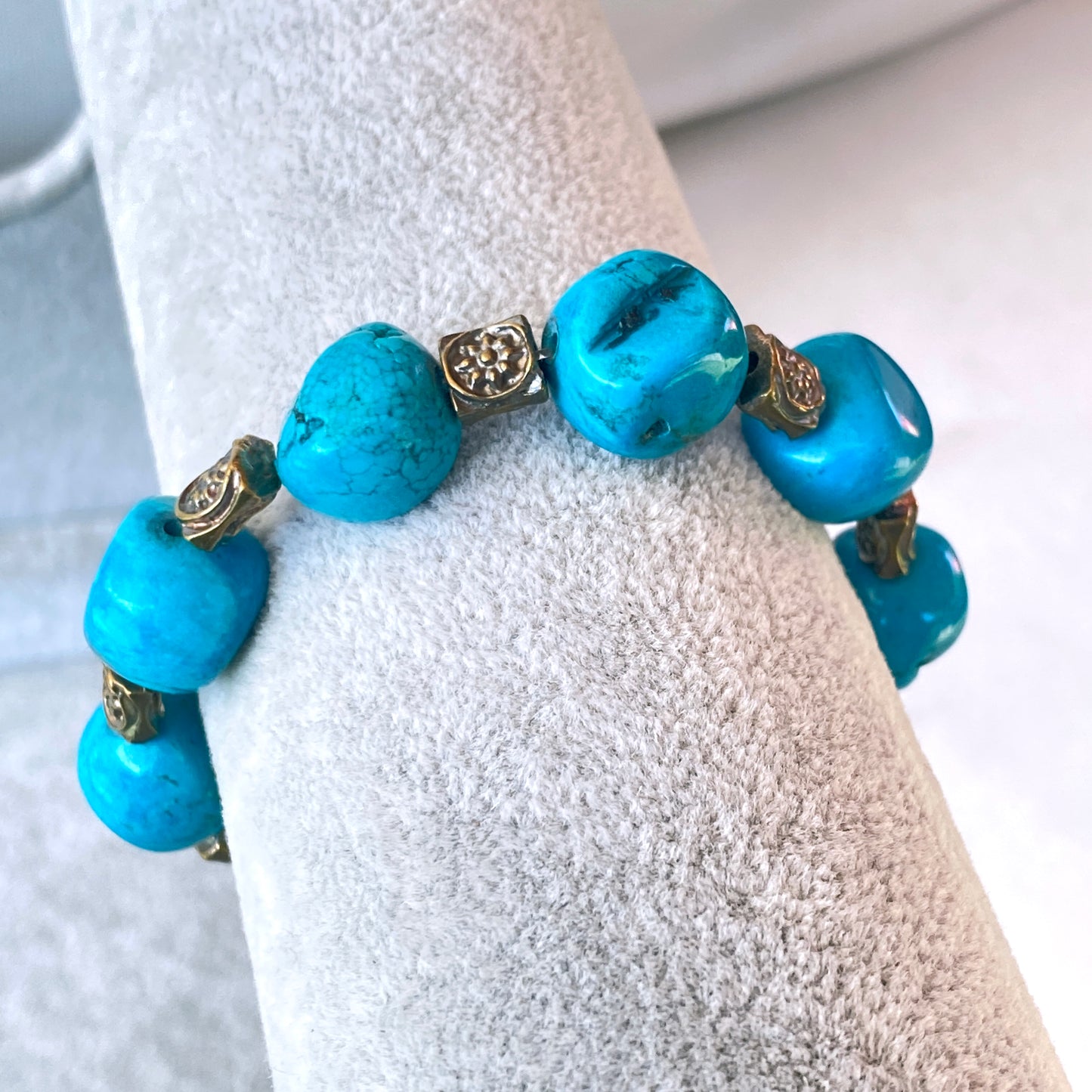 Turquoise gemstone and Brass Flower Beaded Bracelet