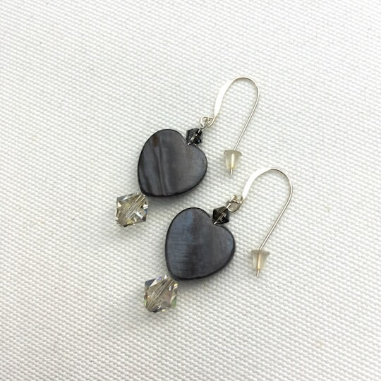 Mother of Pearl gray Heart and Swarovski sterling silver earrings