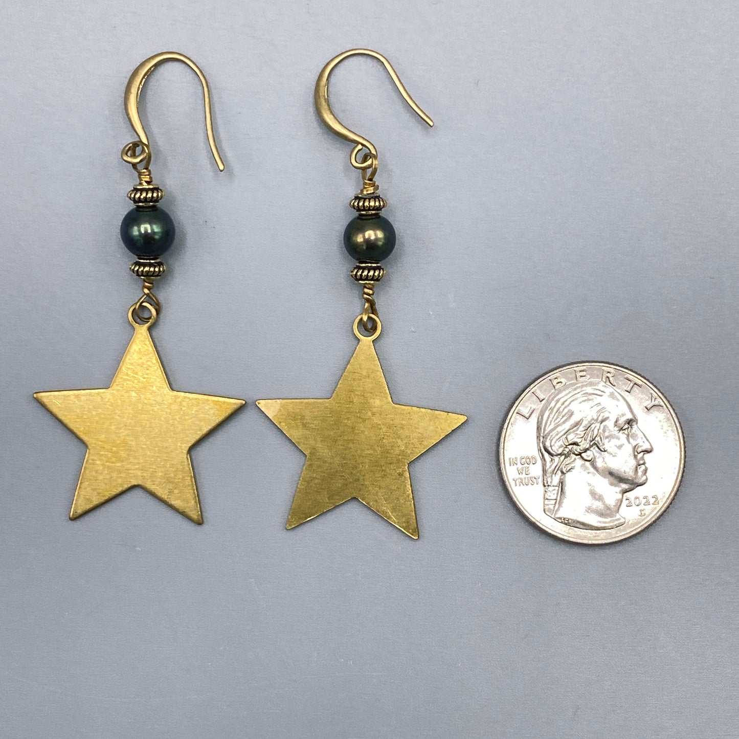 Pearl and Raw Brass Star Earrings