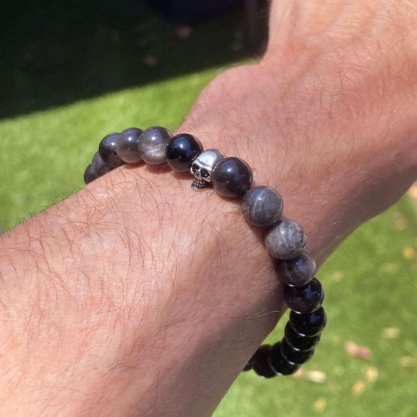 Silver Obsidian and Sterling Silver Skull Bracelet