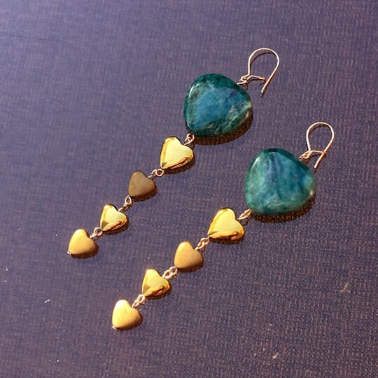 Green Jasper & gold Hematite Hearts long drop Earrings