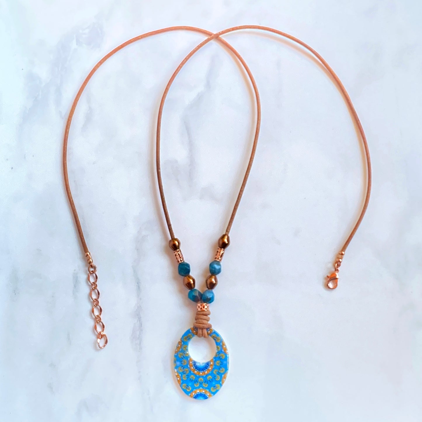 Mother of Pearl, Apatite gemstone, and Copper on Leather Necklace