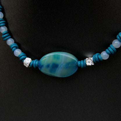 Blue band agate & White Agate gemstones hand knotted leather necklace