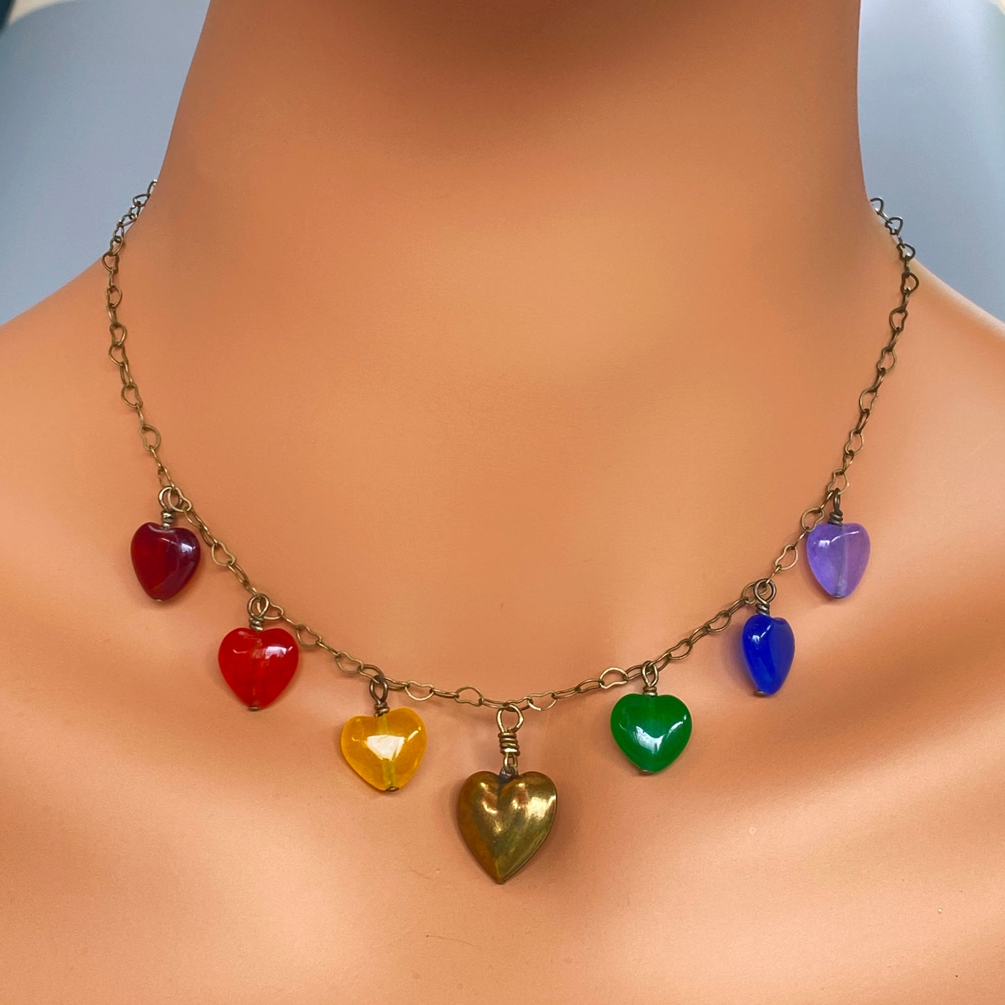 Rainbow of Jade gemstone Hearts and Bronze Necklace