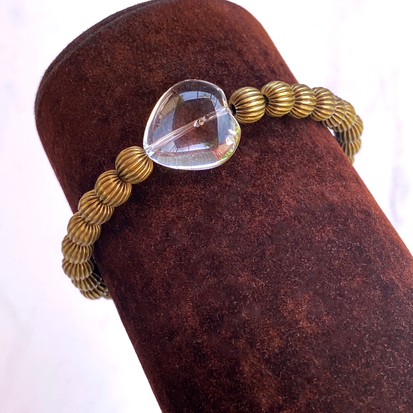 Brass and Clear Quartz gemstone Heart Stretch Bracelet