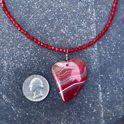 Red Banded Agate Heart Pendant on Beaded Red Agate Necklace with 14 Kt Rose GF Hand Wrap