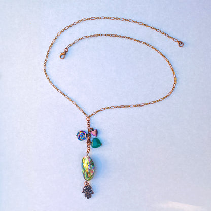 Copper, Abalone shell, Green Onyx gemstone and Hematite Hamsa necklace