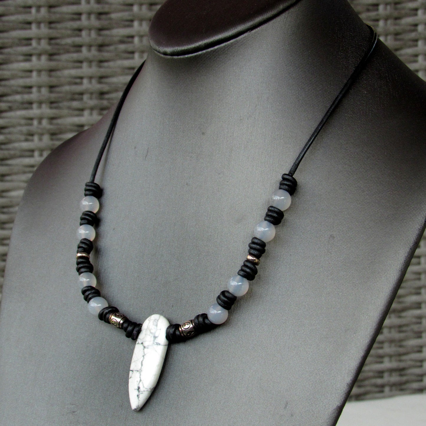 Howlite, White Agate gemstone with Sterling Silver Leather Necklace