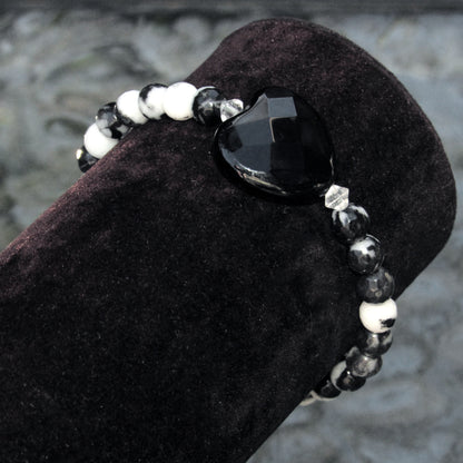 Onyx Gemstone Heart, Zebra Jasper, and Clear Quartz Stretch Bracelet