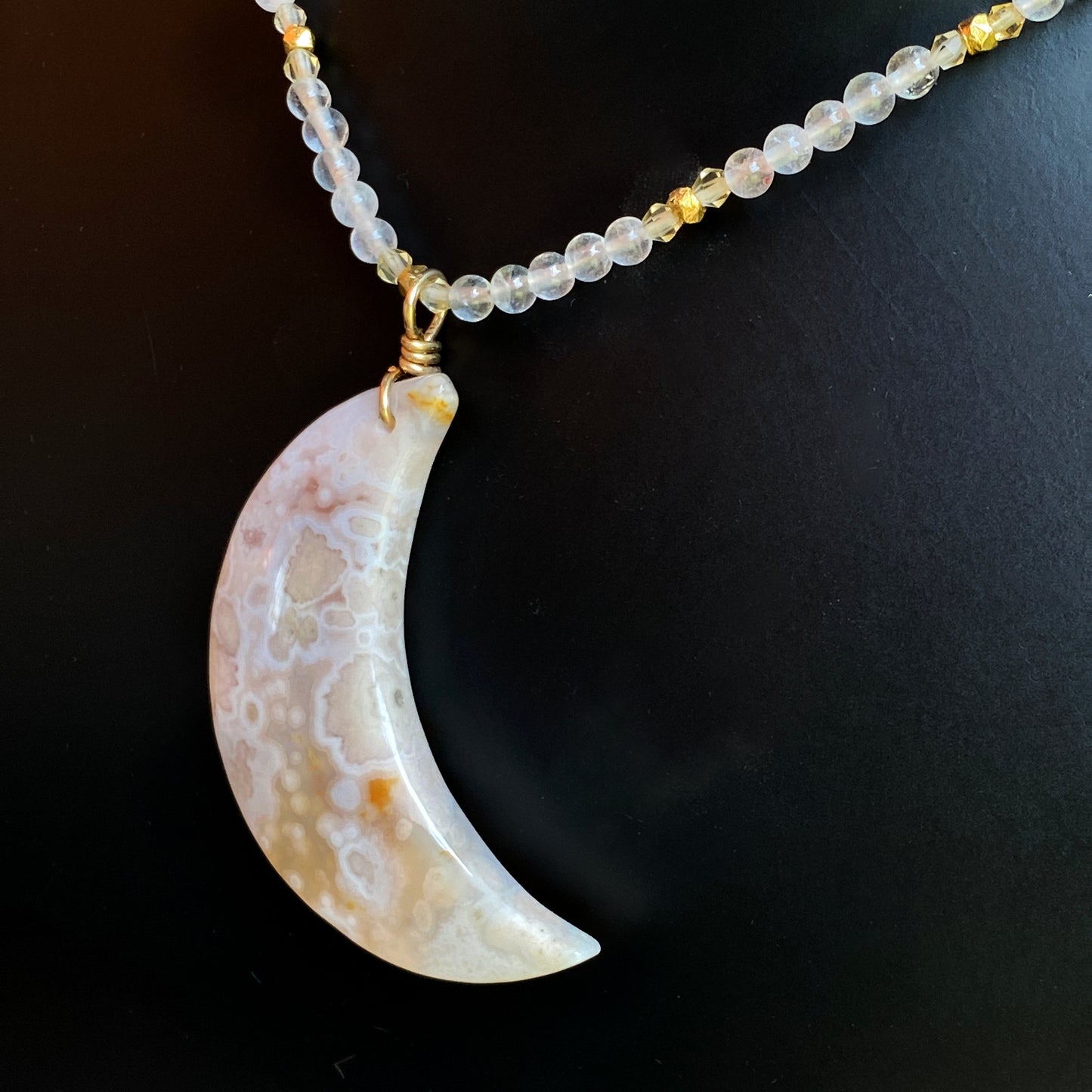 Cherry blossom agate moon pendant, on  Rose quartz, citrine, 14 kt GF necklace