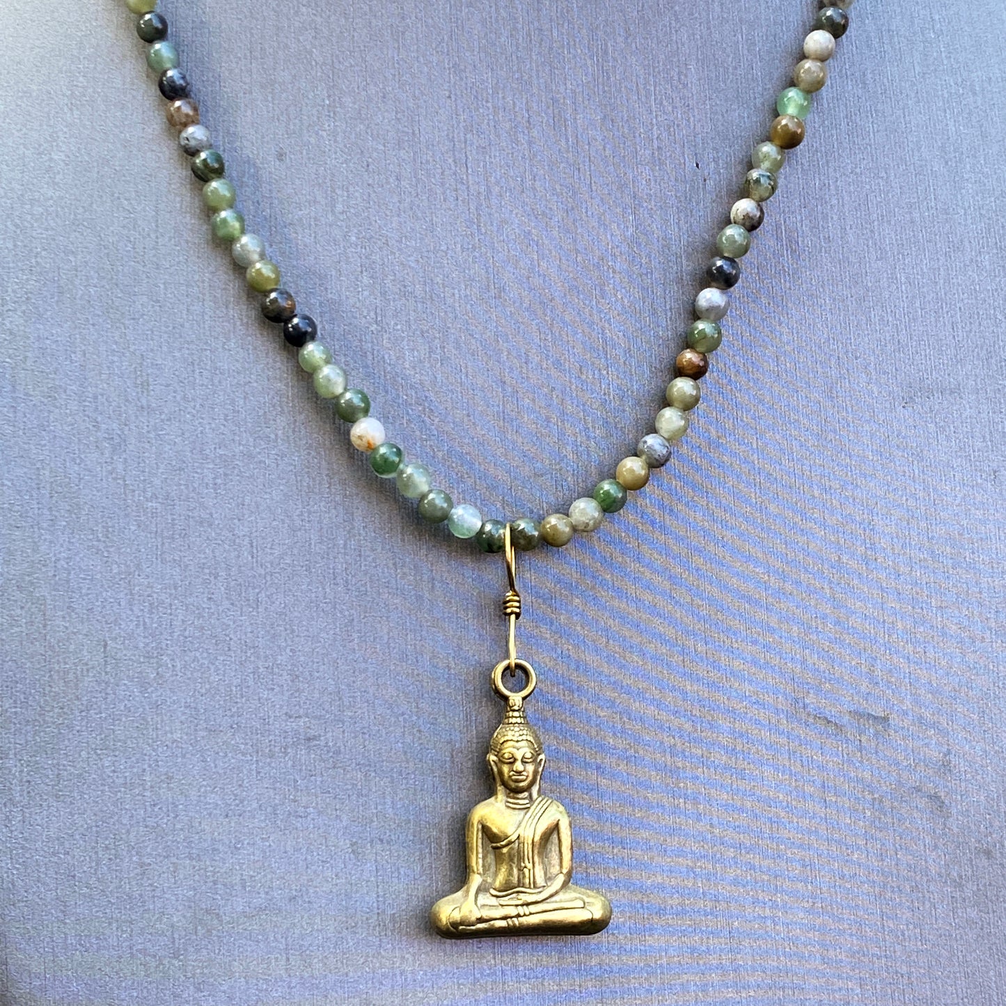 Moss agate gemstones and brass Buddha pendant necklace