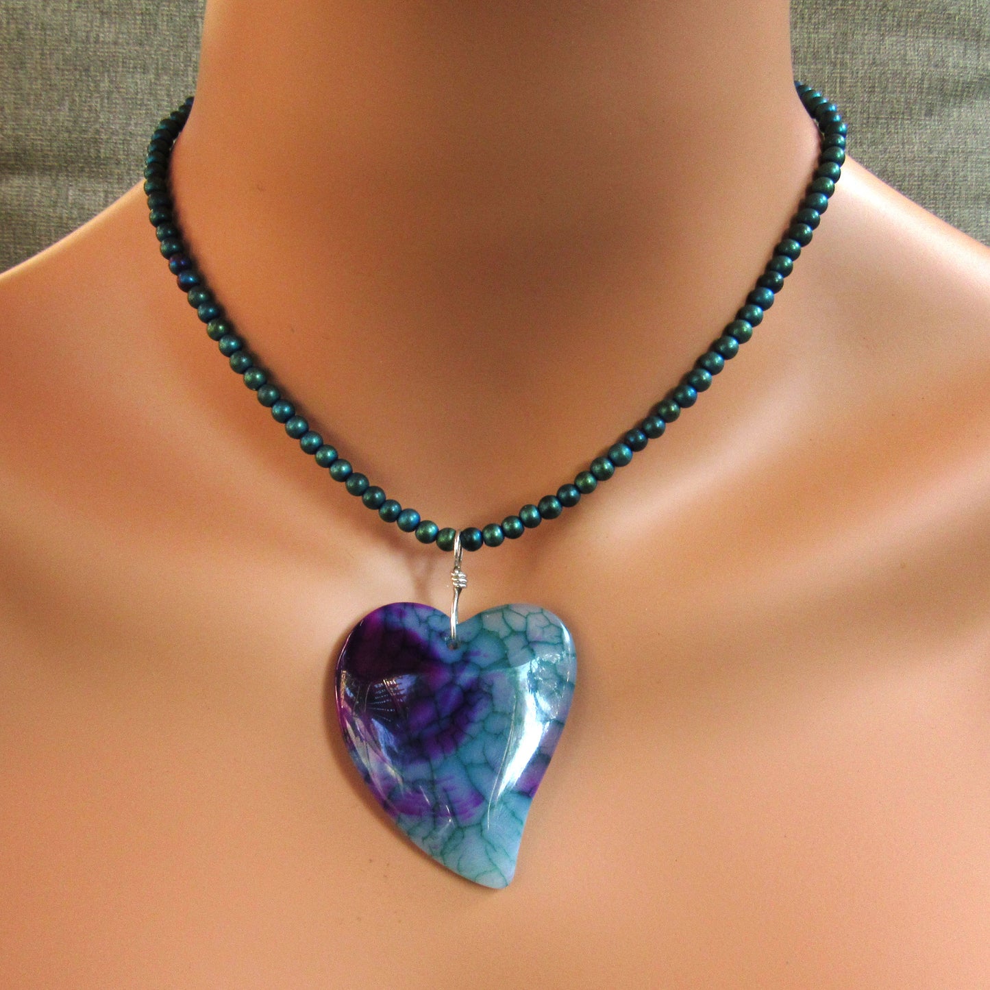 Dragon’s Vein Agate Pendant Heart on Blue Hematite w/ Sterling Silver