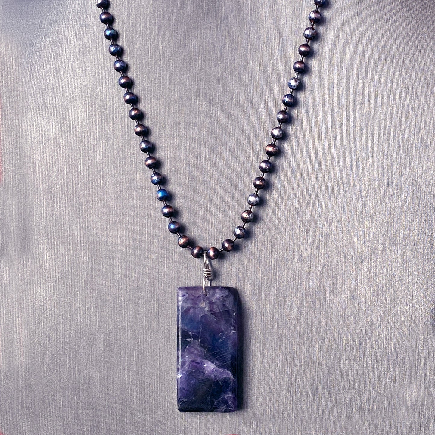 Men’s Fluorite Gemstone Pendant Hand Wrapped w/ Sterling Silver on Patina Copper Chain