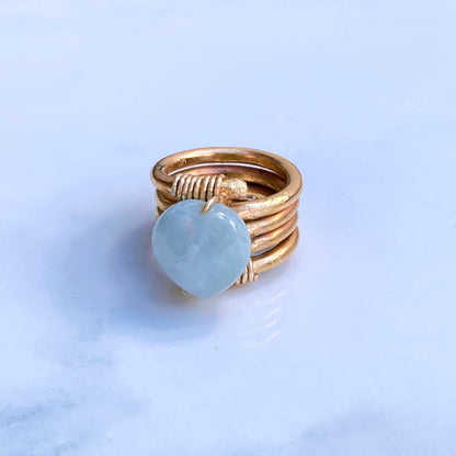 Aquamarine gemstone Heart Brass Ring