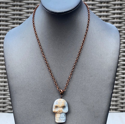 Ice Agate gemstone Skull on Copper chain necklace