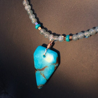 Blue Agate Bronzite pendant with Apatite, Hematite & Turquoise Gemstones