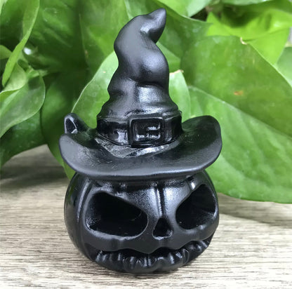 Black Obsidian gemstone carved Hallowee Pumpkin Witch