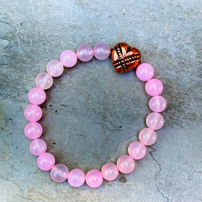 Pink agate and copper heart bracelet