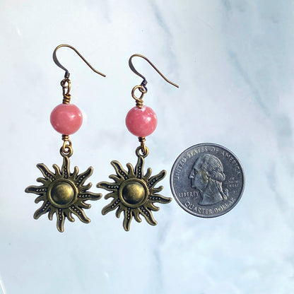 Brass Sun and Rhodonite gemstone Dangle Earrings