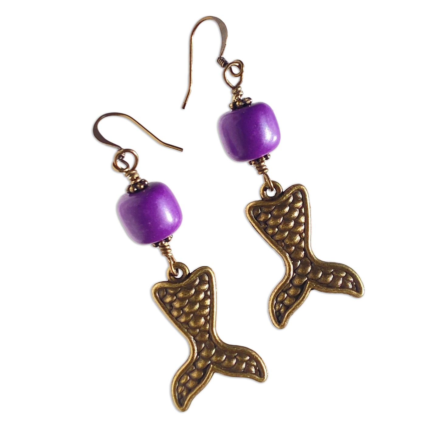 Brass Mermaid Tail and phosphosiderite gemstone Dangle Drop Earrings