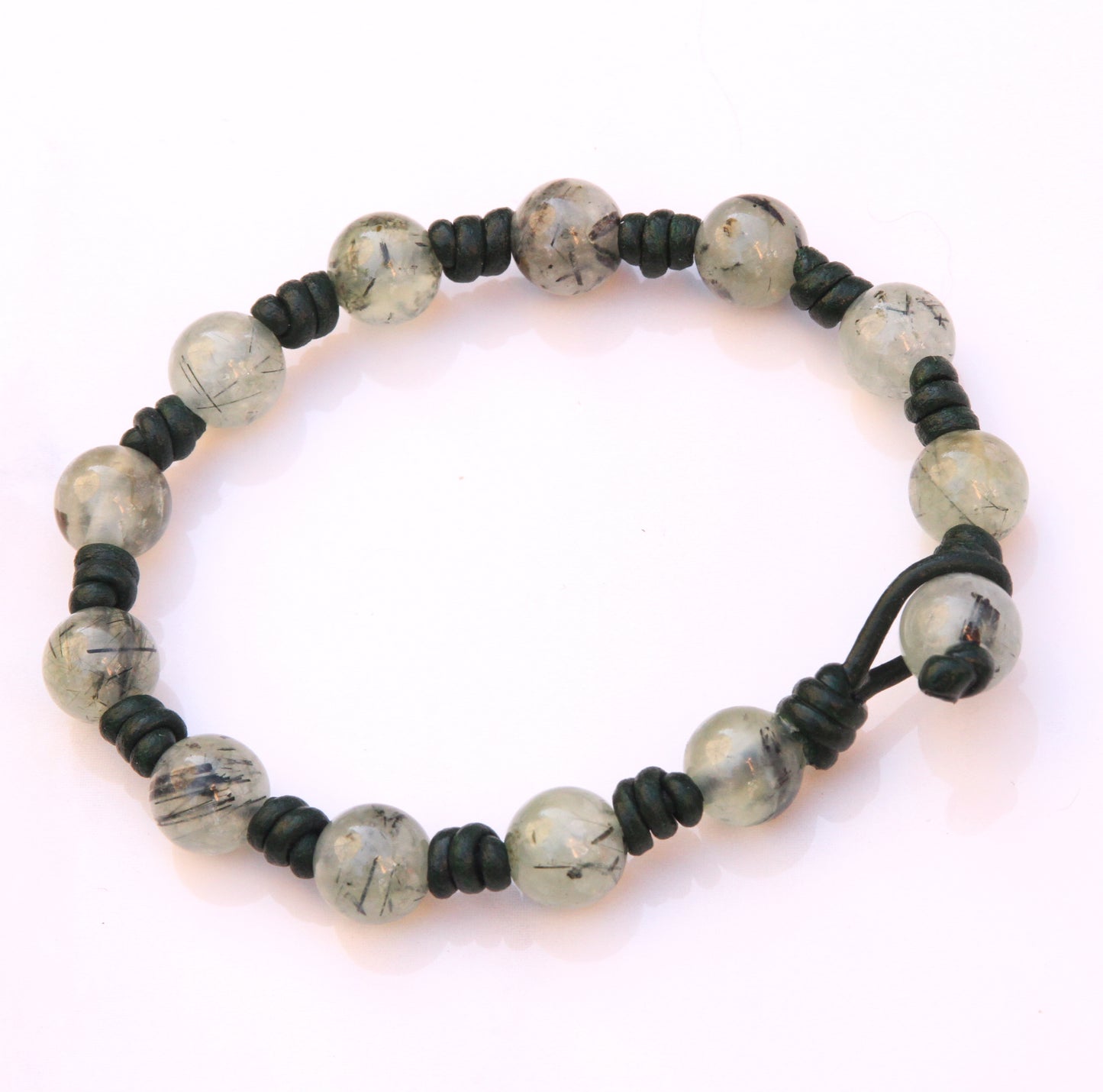 Natural Prehnite gemstone on genuine Leather Hand Knotted green gemstone beaded bracelet