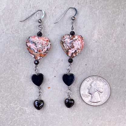 Leopard Print Jasper, Black Spinel, Onyx, Heart, Oxidized Sterling Silver Earrings