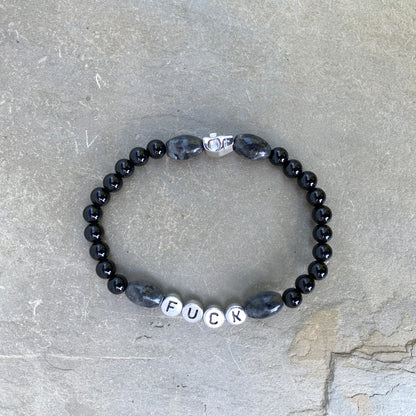 Men’s onyx and black labradorite "Fuck" stretch bracelet