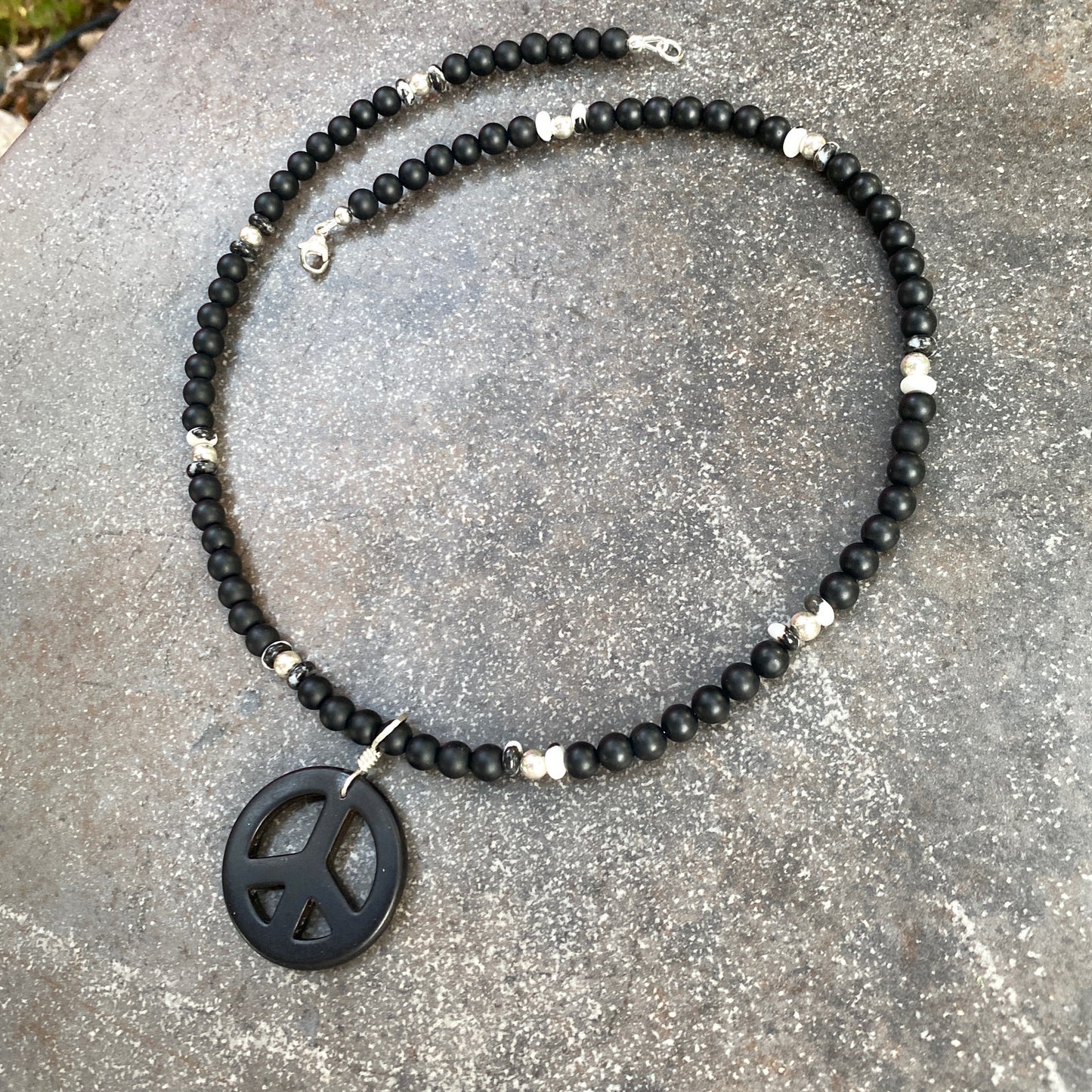 Howlite Peace Sign, Onyx, Sterling Silver, and Zebra Jasper Necklace