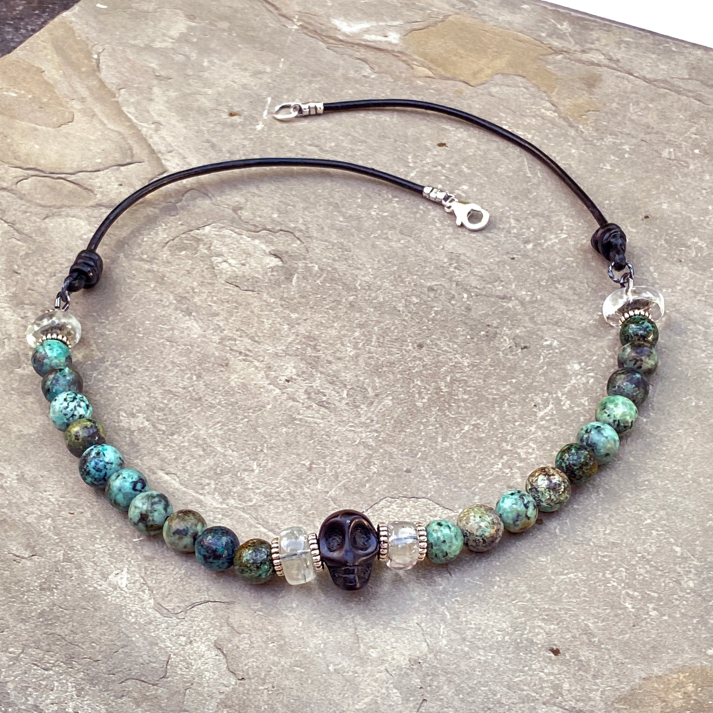 African Turquoise, Green amethyst gemstone, and Sterling Silver Leather Necklace