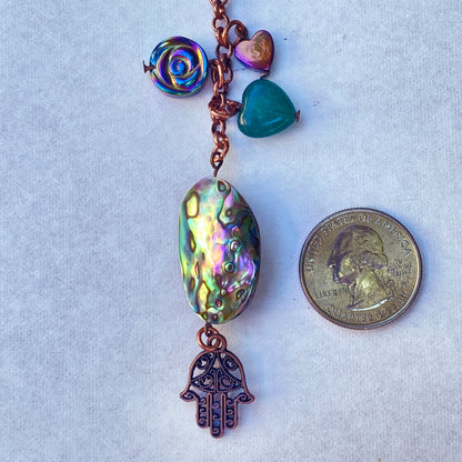 Copper, Abalone shell, Green Onyx gemstone and Hematite Hamsa necklace