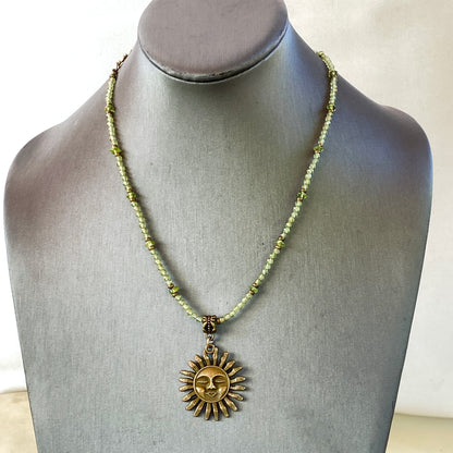 Peridot gemstone beaded necklace with brass Sun pendant necklace