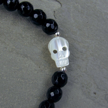 Onyx, Mother of Pearl, and Sterling Silver Skull Stretch Bracelet