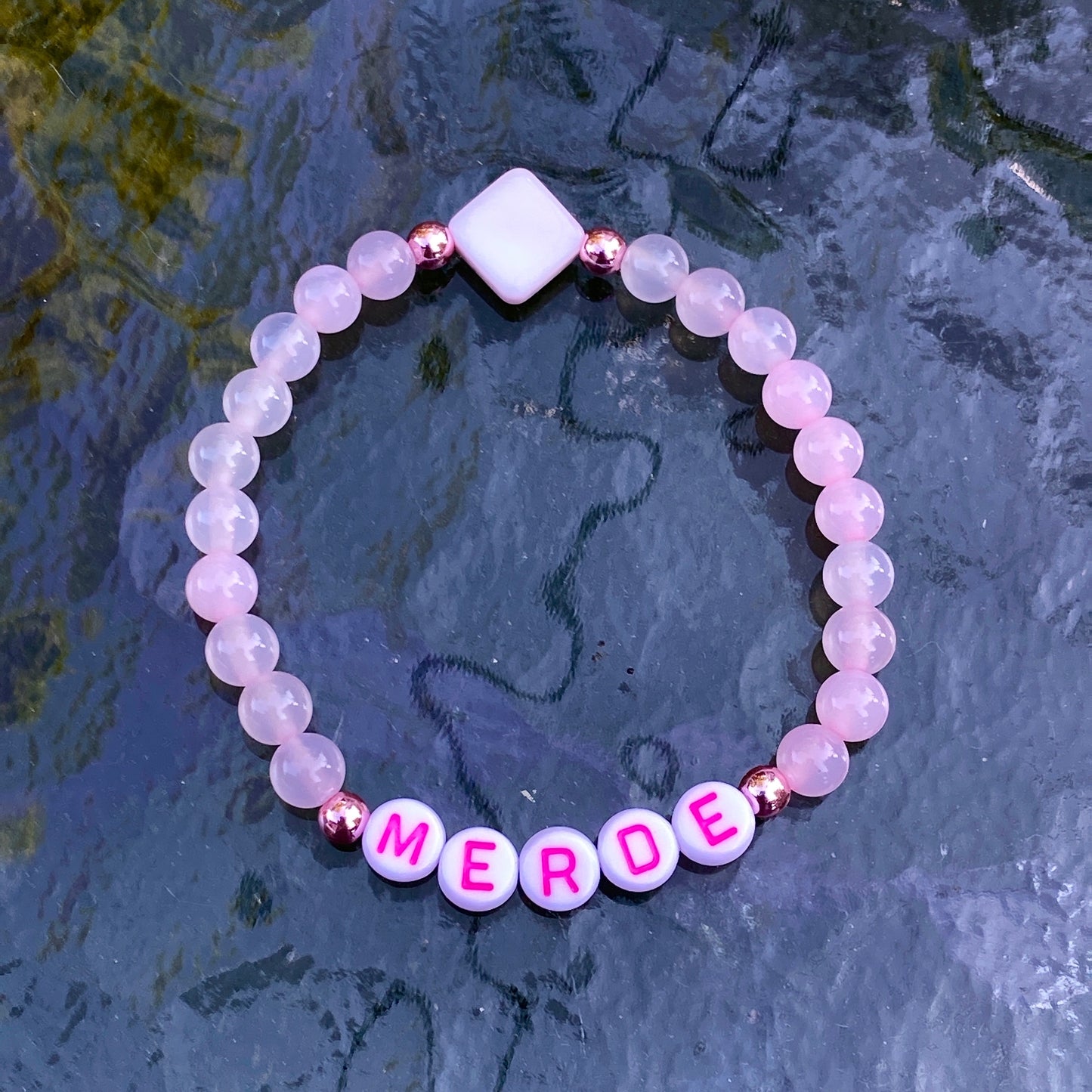Women’s “merde” curse bracelet pink agate, rose hematite, and mother of pearl