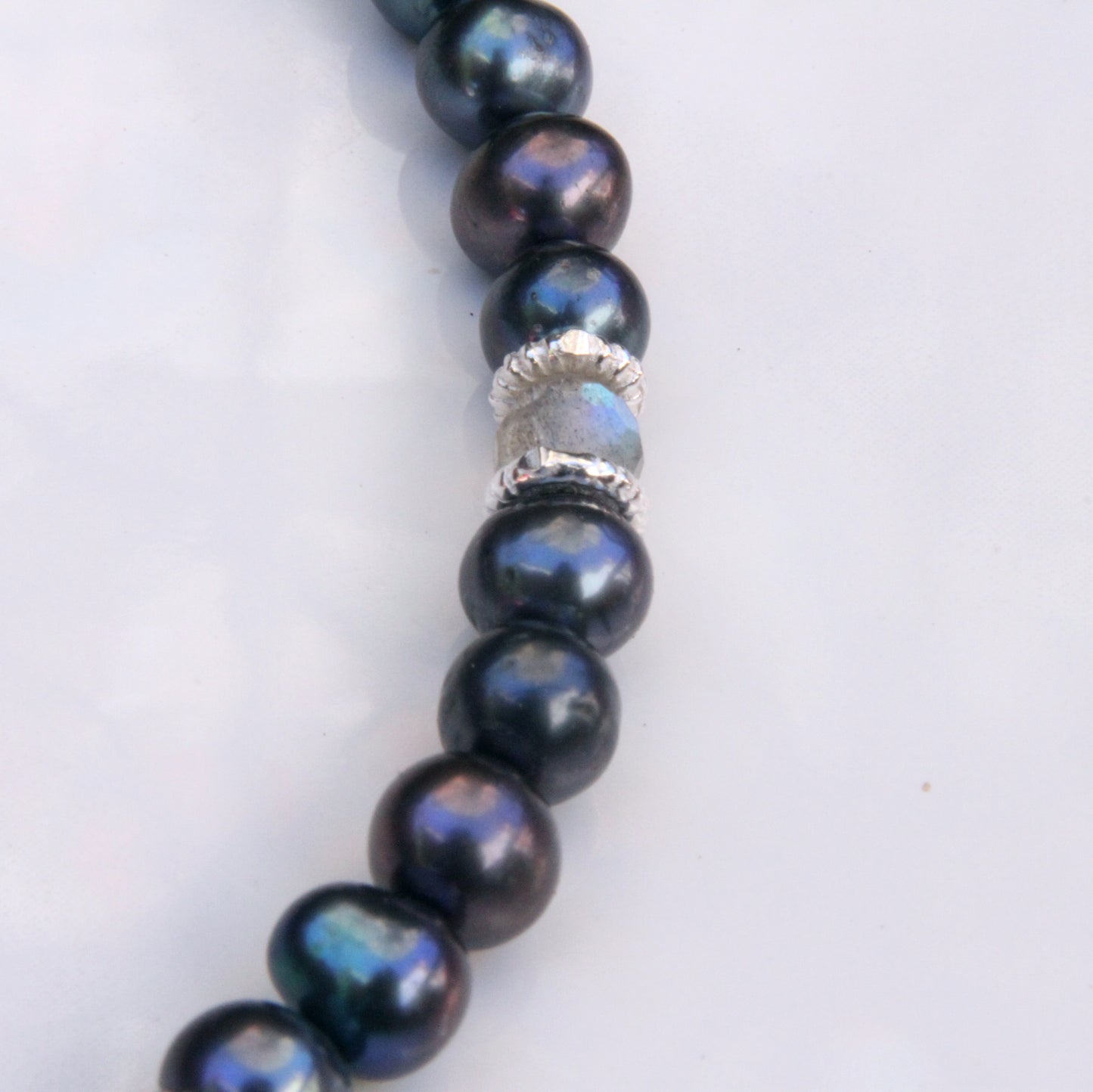Natural Freshwater Black & Blue Pearls, Labradorite gemstones, and Sterling Silver Choker