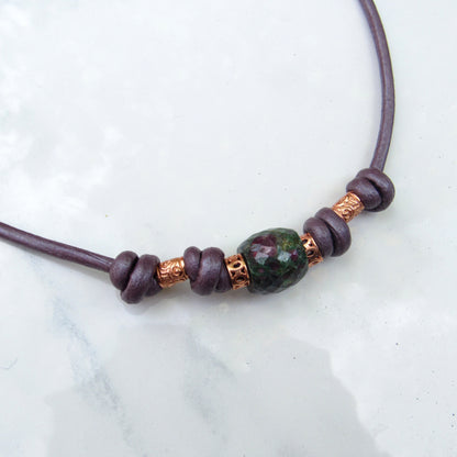 Ruby Zoisite and Copper Hand Knotted on Leather necklace