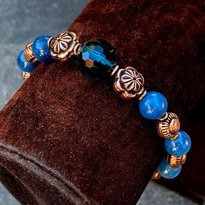 Blue Tourmaline gemstone and Copper Beaded Stretch Bracelet
