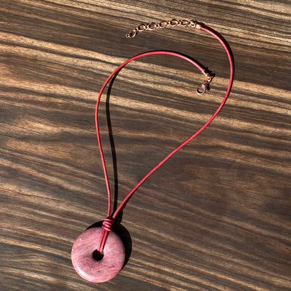 Rhodonite gemstone Donut Leather Necklace