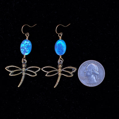 Brass Dragonfly and Turquoise gemstone Dangle earrings