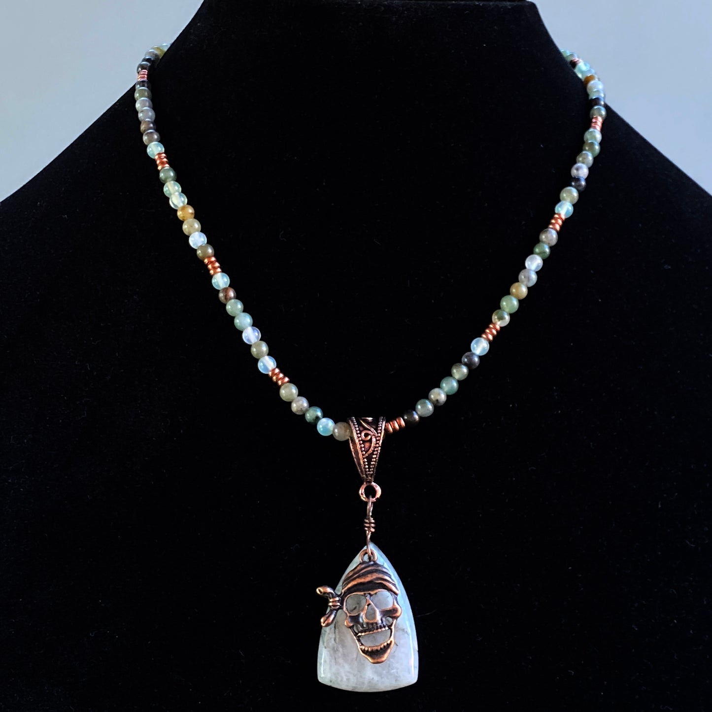 Prehnite gemstone with Copper Pirate Skull pendant necklace