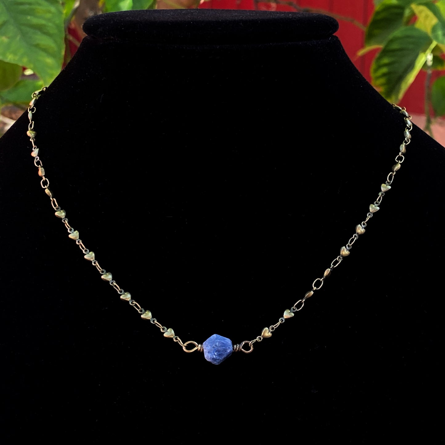 Raw Blue Sapphire gemstone on Brass Heart Chain Necklace