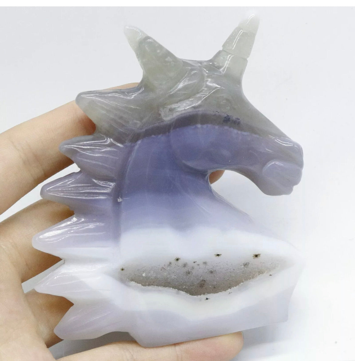 Hand-carved unicorn in natural Agate gemstone crystal