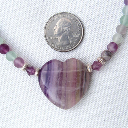 Fluorite gemstone Heart and Beads with Sterling Silver Choker