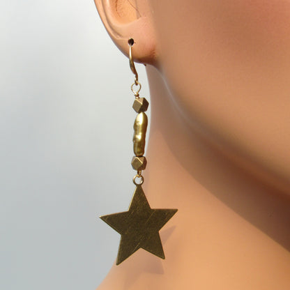 Brass Star and Green Pearl Drop Earrings