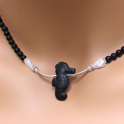 Onyx  gemstone Seahorse, Onyx Beads, Moonstones, and Sterling Silver Necklace