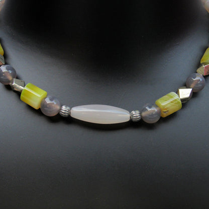 Grey Agate, Yellow Agate, Pyrite gemstones and Sterling Silver Necklace